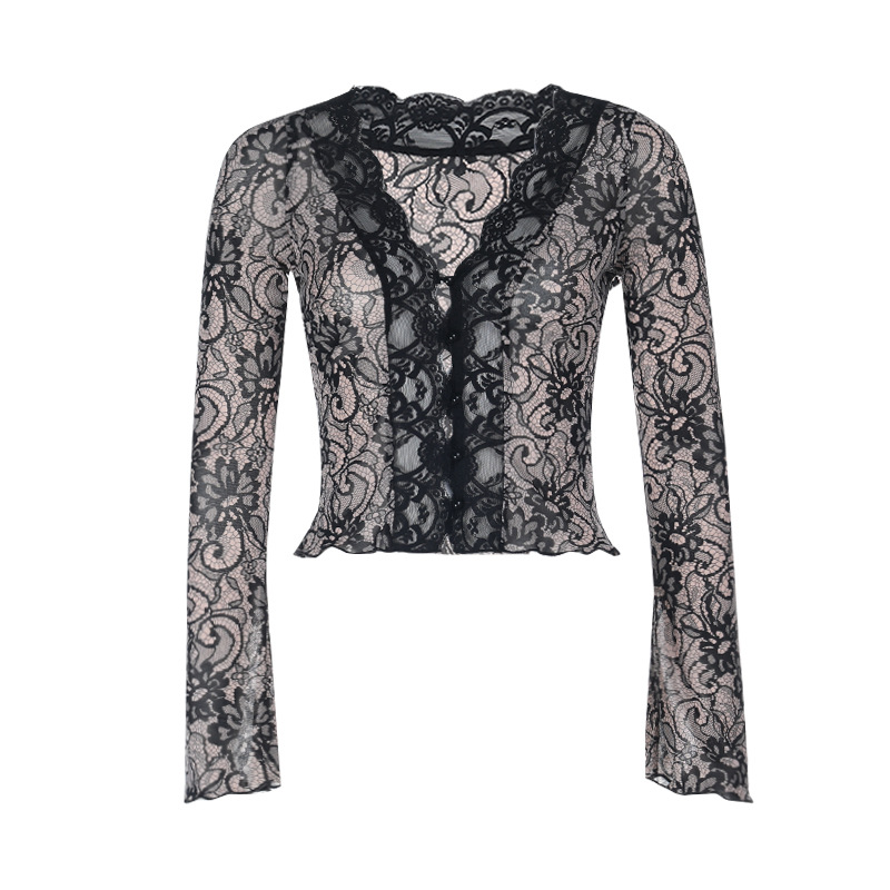 Sexy Lace Deep V-Neck Long Sleeve Top - 2026 Fall New Slim Fit Mesh Bodysuit for Party &amp; Club