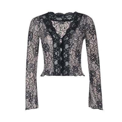 Sexy Lace Deep V-Neck Long Sleeve Top - 2026 Fall New Slim Fit Mesh Bodysuit for Party & Club 01