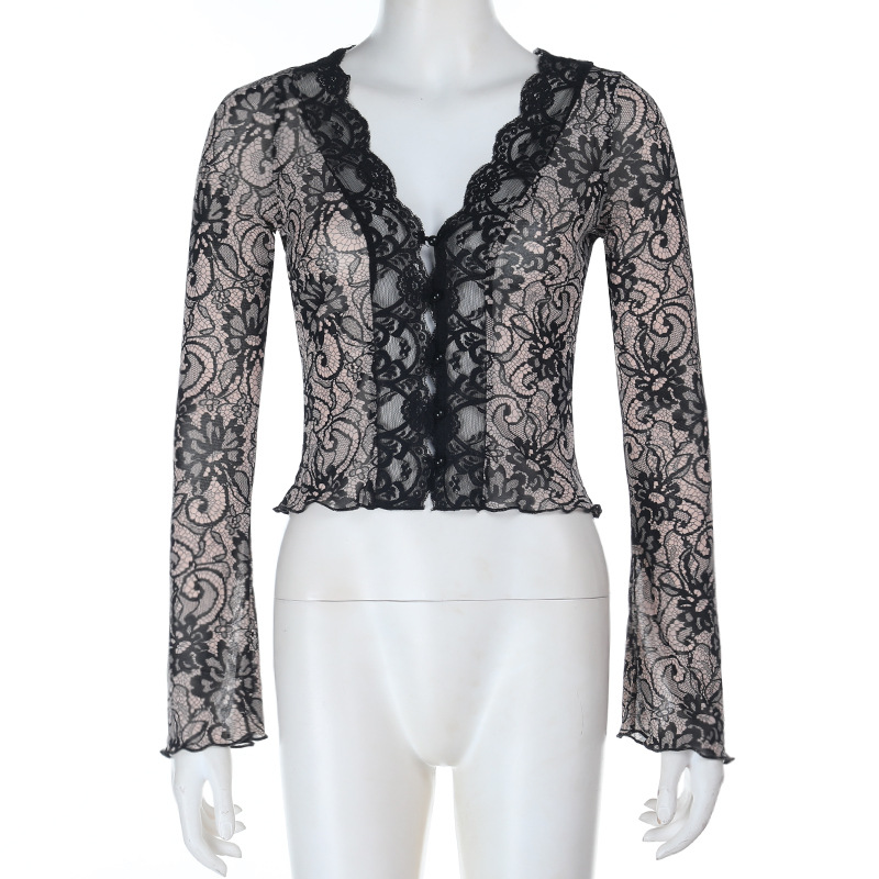 Sexy Lace Deep V-Neck Long Sleeve Top - 2026 Fall New Slim Fit Mesh Bodysuit for Party &amp; Club