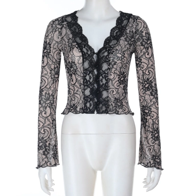 Sexy Lace Deep V-Neck Long Sleeve Top - 2026 Fall New Slim Fit Mesh Bodysuit for Party & Club 02