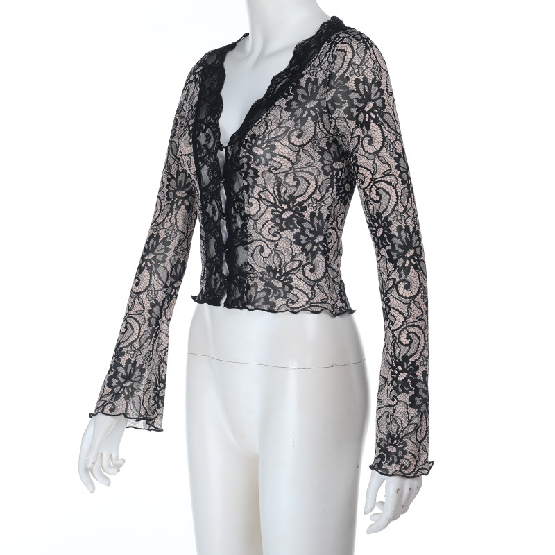 Sexy Lace Deep V-Neck Long Sleeve Top - 2026 Fall New Slim Fit Mesh Bodysuit for Party &amp; Club