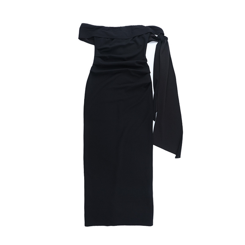 Sexy Off-The-Shoulder Black Maxi Dress - Elegant Slit Long Gown with Chic Ribbon Tie for Party &amp; Evening