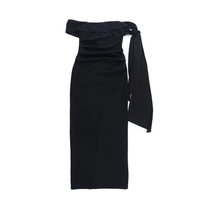 Sexy Off-The-Shoulder Black Maxi Dress - Elegant Slit Long Gown with Chic Ribbon Tie for Party & Evening 01