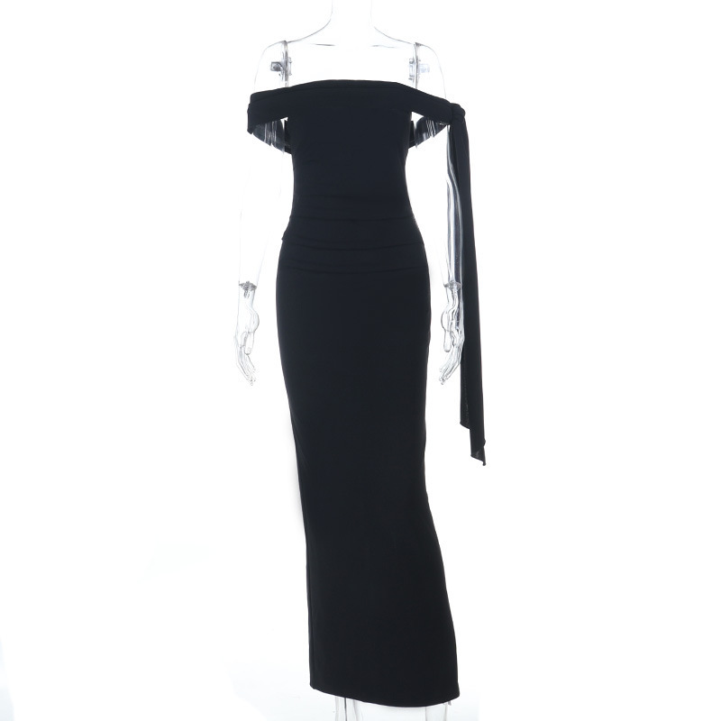 Sexy Off-The-Shoulder Black Maxi Dress - Elegant Slit Long Gown with Chic Ribbon Tie for Party &amp; Evening