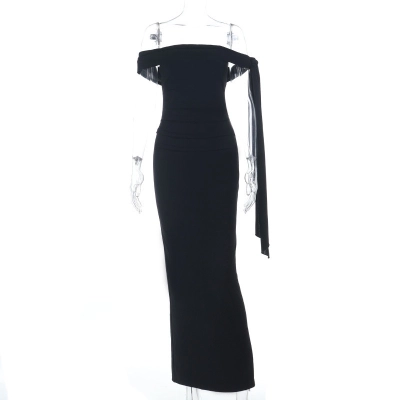 Sexy Off-The-Shoulder Black Maxi Dress - Elegant Slit Long Gown with Chic Ribbon Tie for Party & Evening 02