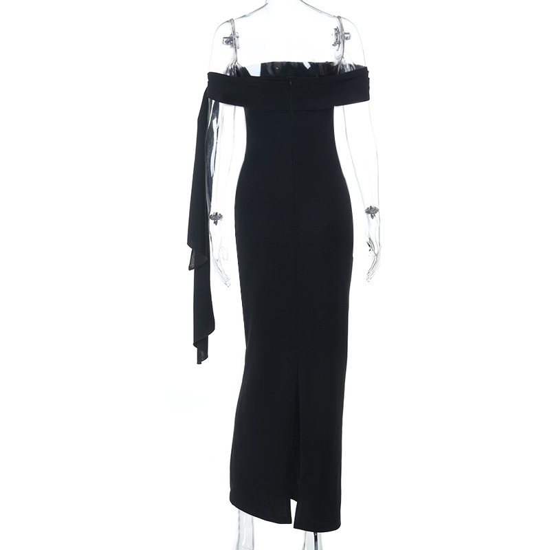 Sexy Off-The-Shoulder Black Maxi Dress - Elegant Slit Long Gown with Chic Ribbon Tie for Party &amp; Evening