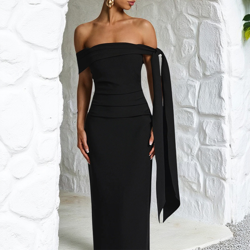 Sexy Off-The-Shoulder Black Maxi Dress - Elegant Slit Long Gown with Chic Ribbon Tie for Party &amp; Evening