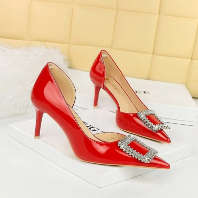 High heels patent leather shallow square metal rhinestone buckle shoes 13 01
