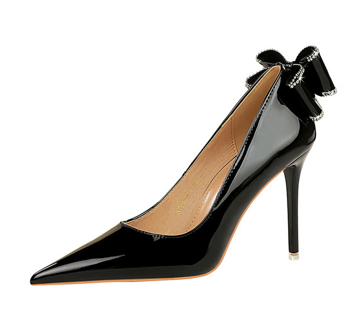 Women's patent leather high heel shoes with bow at the back 17