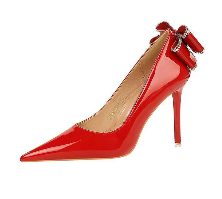 Women's patent leather high heel shoes with bow at the back 17