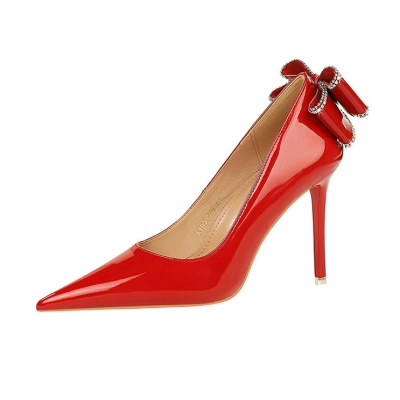Women's patent leather high heel shoes with bow at the back 17 01
