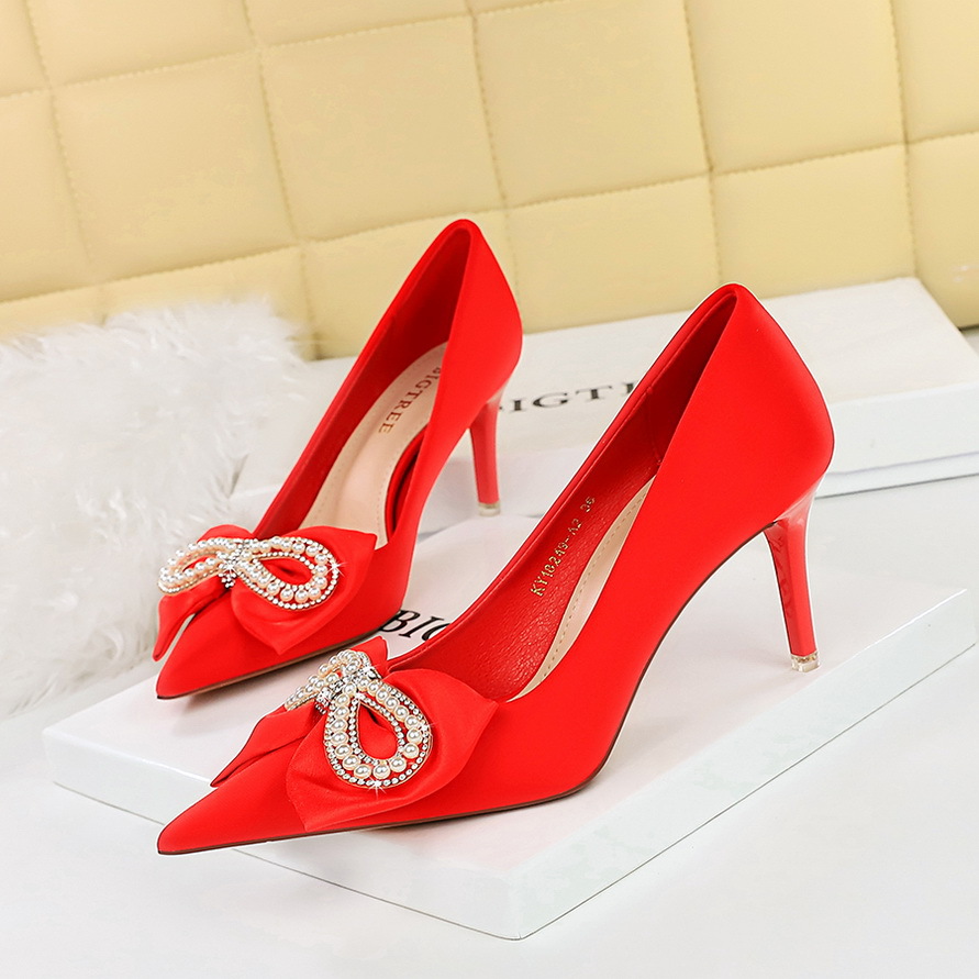 Women's satin rhinestone pearl bow shoes 19
