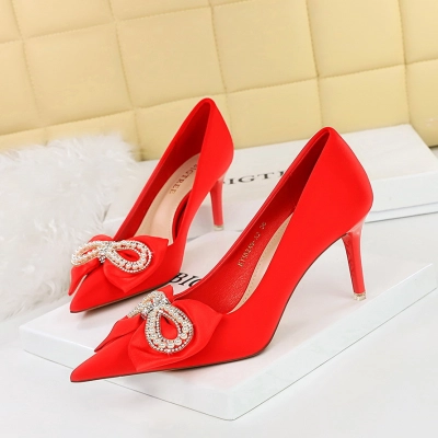 Women's satin rhinestone pearl bow shoes 19 01