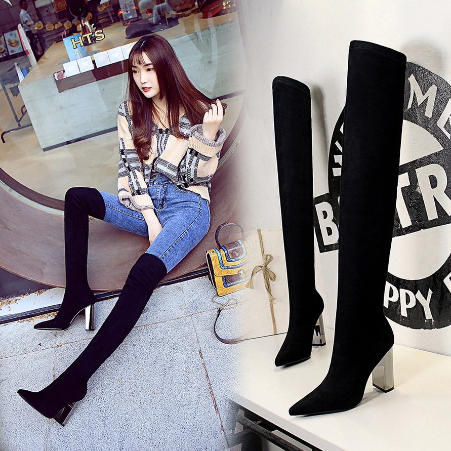 Metal heel chunky high heel suede over-the-knee boots 36