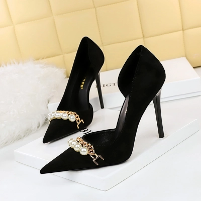 Pearl Metal Chain Side Hollow High Heel Shoes 27 01