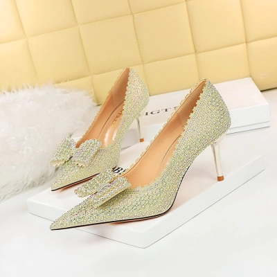 Pearl rhinestone bow high heels shoes 25 01