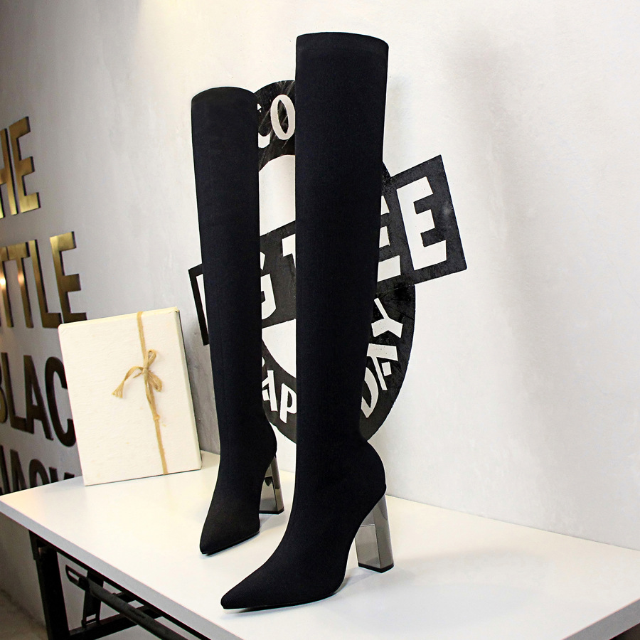 Simple metal thick heel high heel slim wool over the knee boots 34