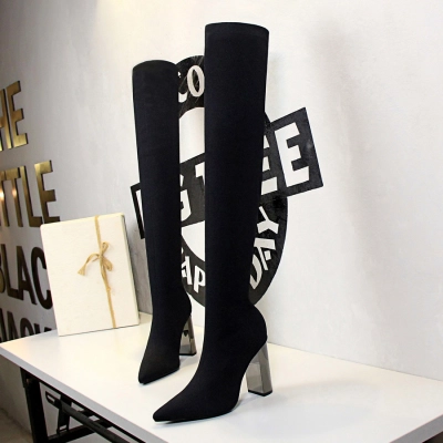 Simple metal thick heel high heel slim wool over the knee boots 34 02