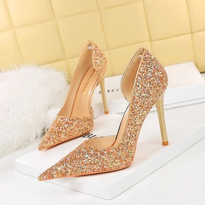 Stiletto heel shallow mouth pointed toe shining sequins single shoes 28 02