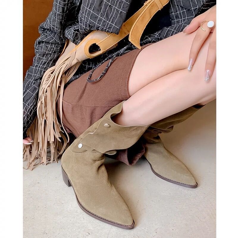 Pointed Toe Fold‑Over Shaft Western Cowboy Boots