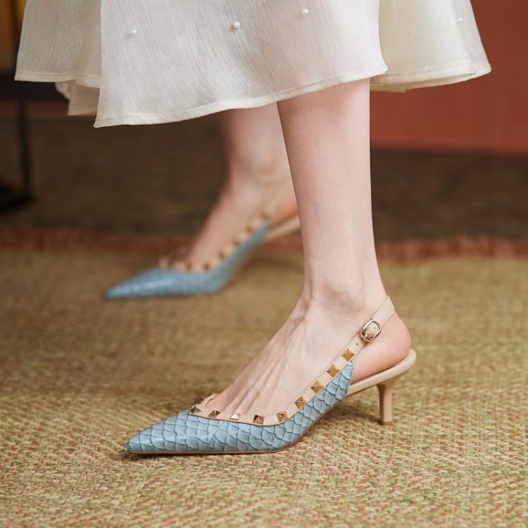 Rivet Pointed Toe Slingback Kitten Heel Pumps