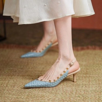 Rivet Pointed Toe Slingback Kitten Heel Pumps 01