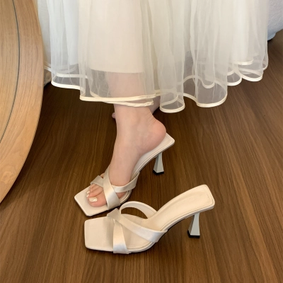 Cross Strap Square Toe Slip‑on High Heel Mules 02
