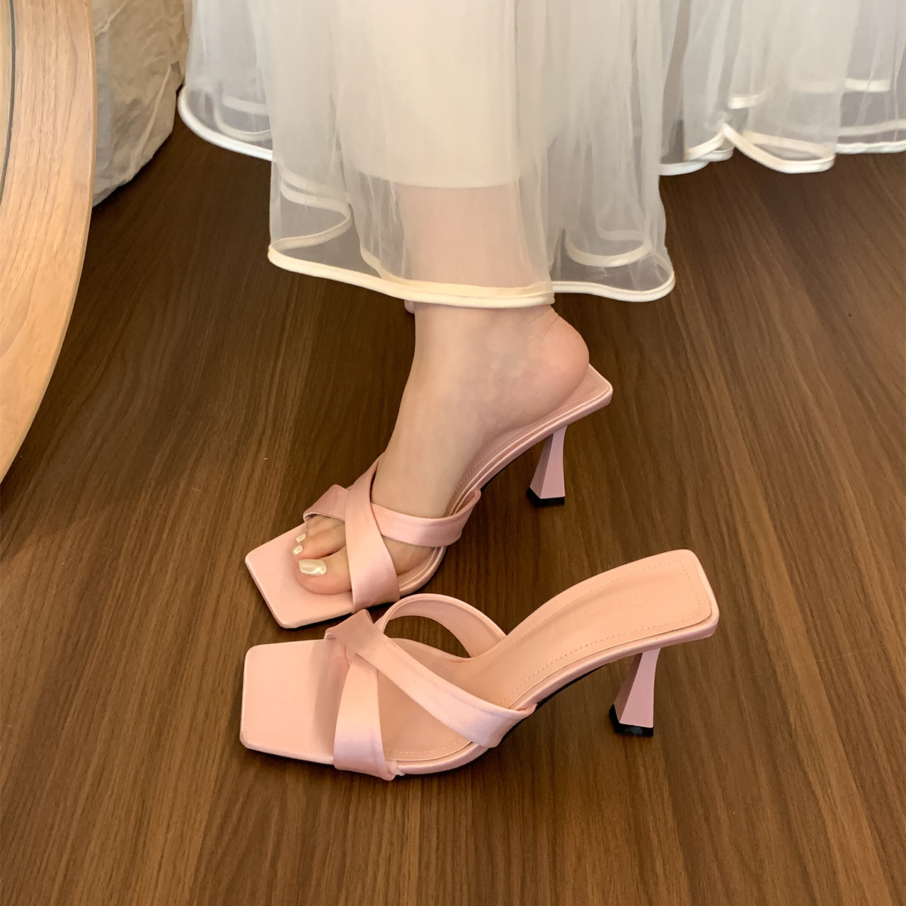 Cross Strap Square Toe Slip‑on High Heel Mules