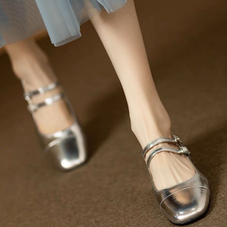 Metallic Double Strap Mary Jane Flat Shoes