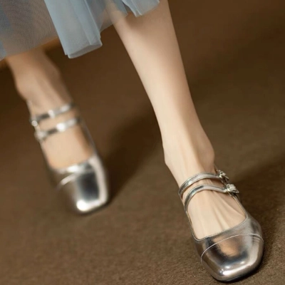Metallic Double Strap Mary Jane Flat Shoes 01