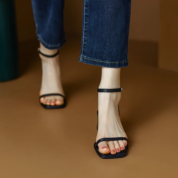 Thin Strap Square Toe Block Heel Slingback Sandals
