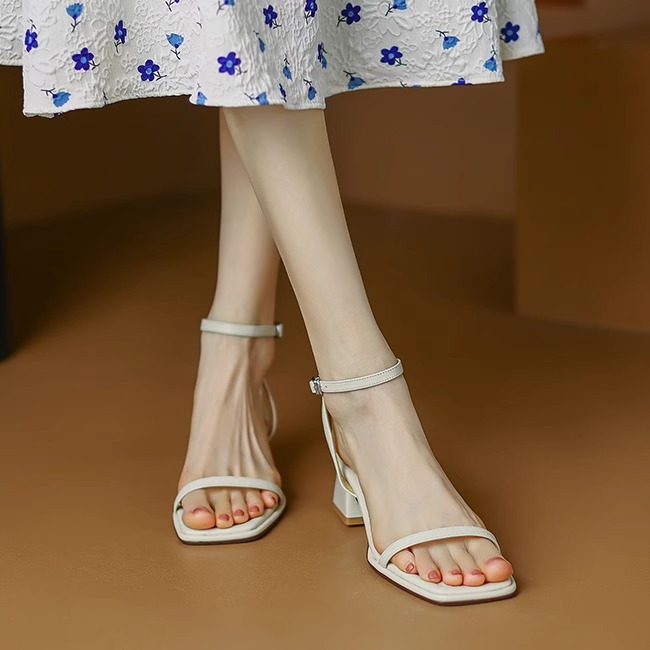 Thin Strap Square Toe Block Heel Slingback Sandals