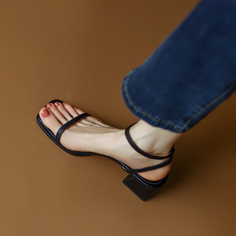 Thin Strap Square Toe Block Heel Slingback Sandals