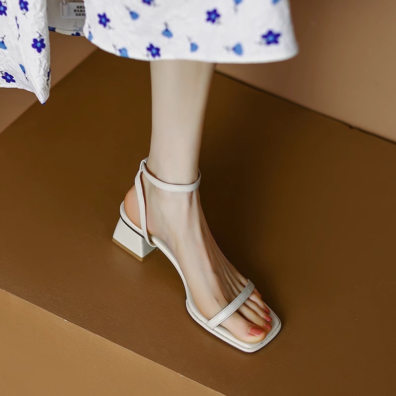 Thin Strap Square Toe Block Heel Slingback Sandals