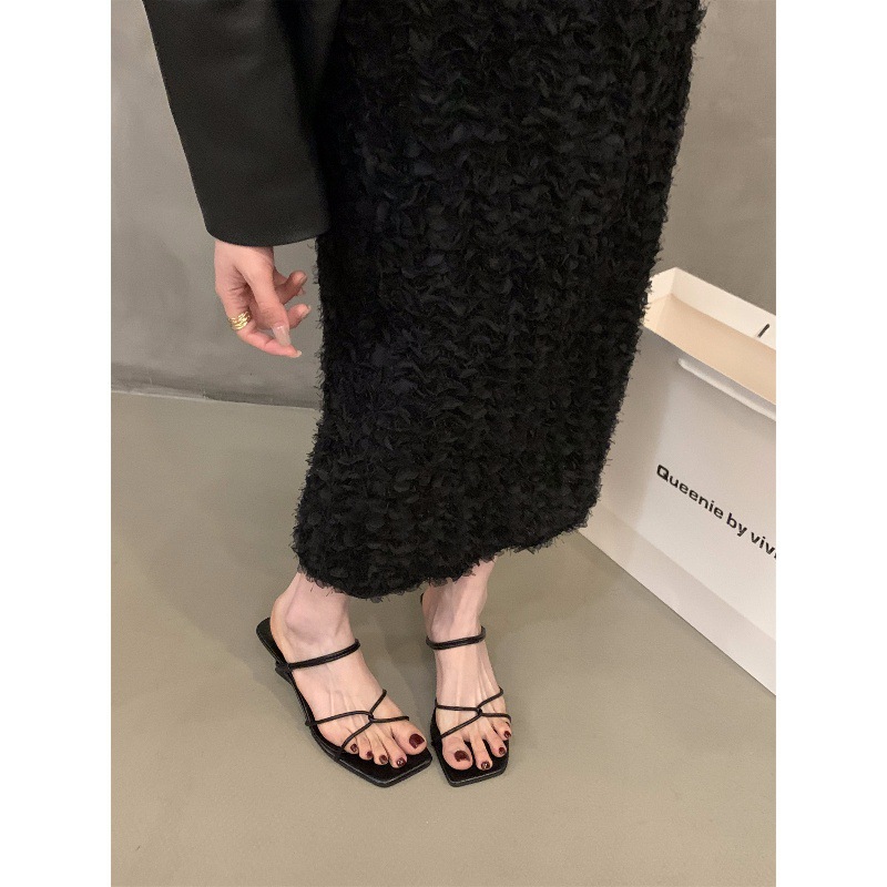 Thin Strap Square Toe Kitten Heel Mules