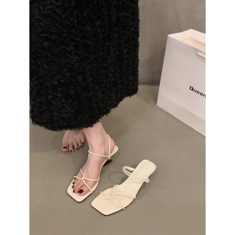 Thin Strap Square Toe Kitten Heel Mules
