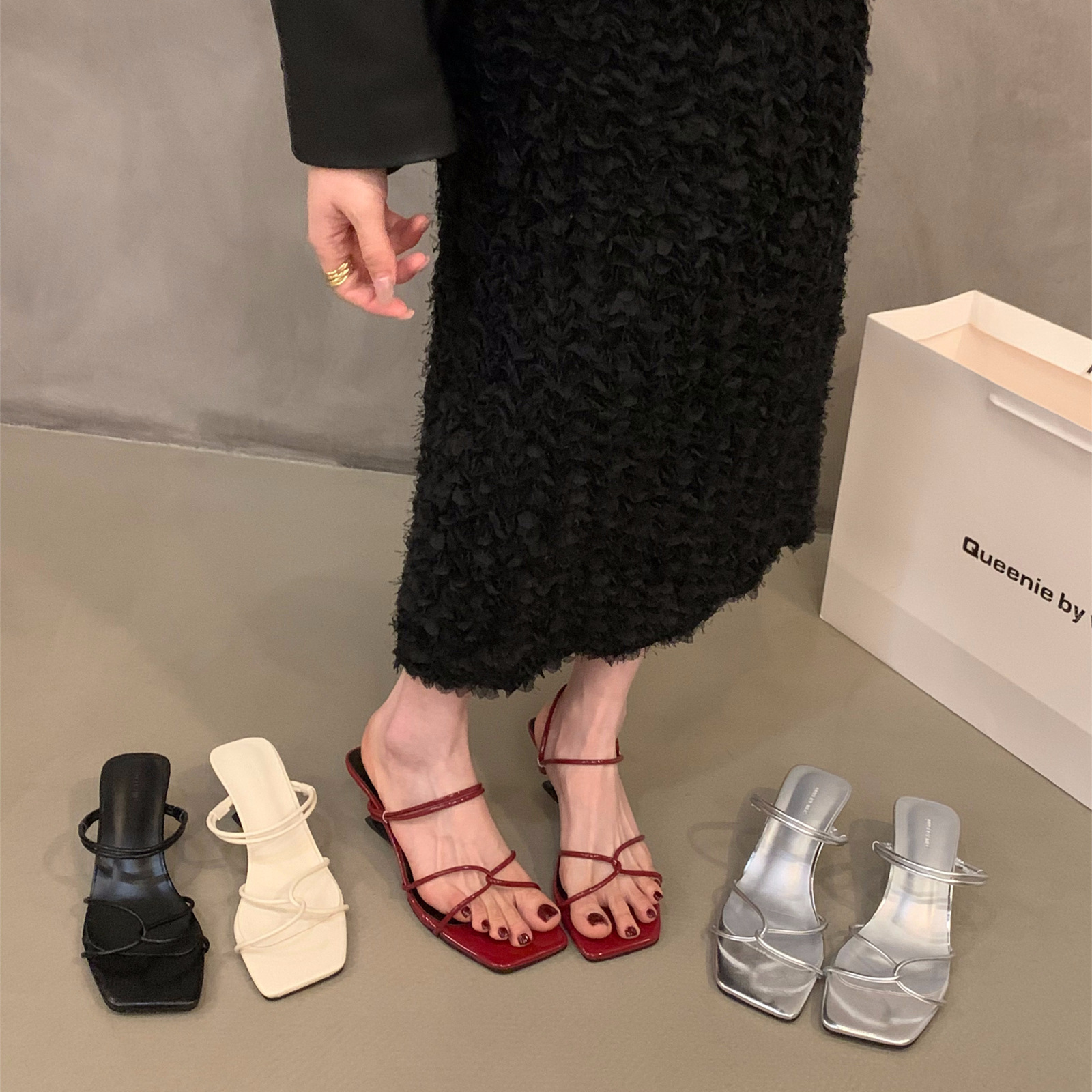 Thin Strap Square Toe Kitten Heel Mules