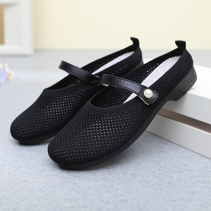 Pearl‑Buckle Knit Mary Jane Flat Shoes