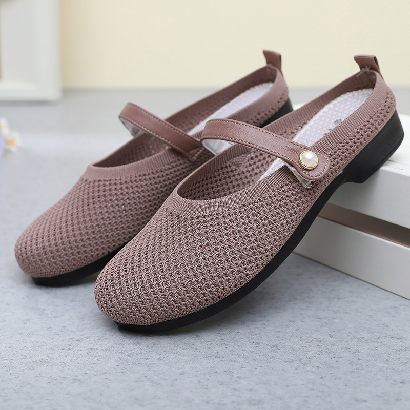 Pearl‑Buckle Knit Mary Jane Flat Shoes