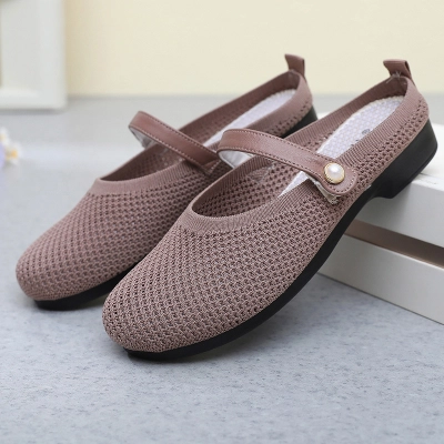 Pearl‑Buckle Knit Mary Jane Flat Shoes 02