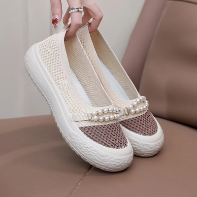 Pearl‑Decor Mesh Slip‑On Platform Shoes 01