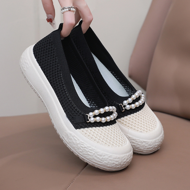 Pearl‑Decor Mesh Slip‑On Platform Shoes