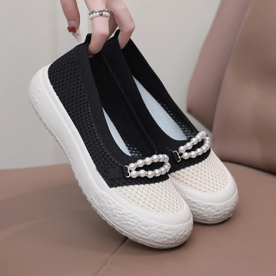Pearl‑Decor Mesh Slip‑On Platform Shoes 02