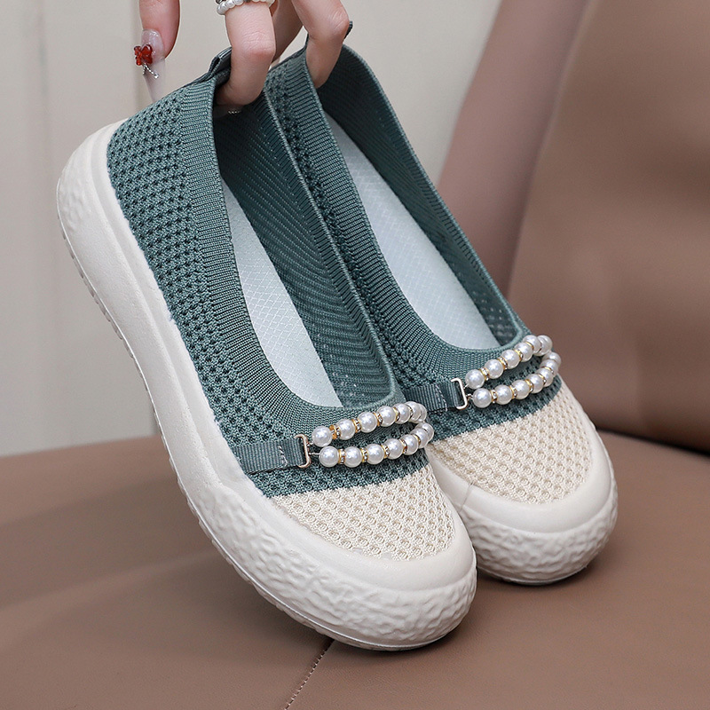 Pearl‑Decor Mesh Slip‑On Platform Shoes