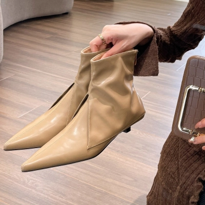 Ruched Pointed‑Toe Slim‑Heel Zip Ankle Boots 01