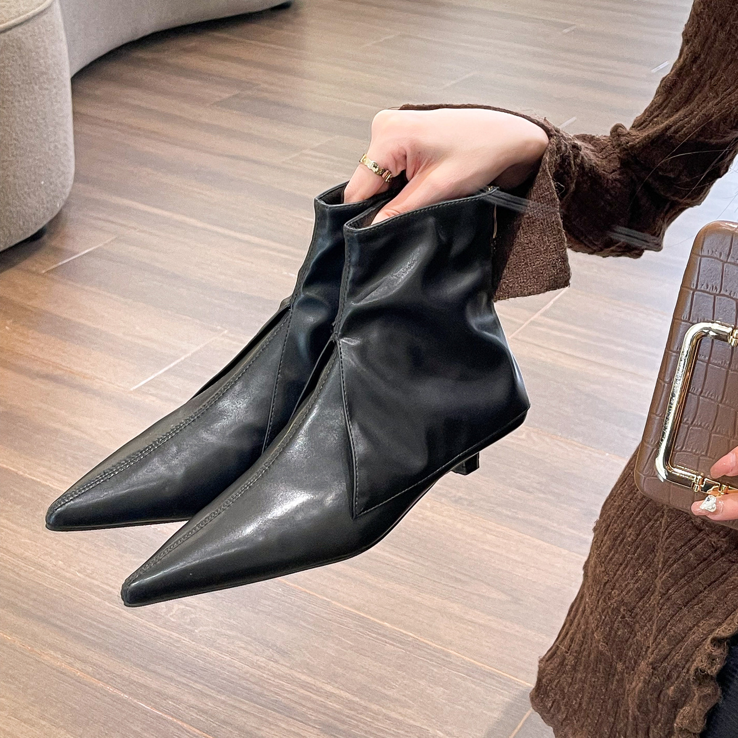 Ruched Pointed‑Toe Slim‑Heel Zip Ankle Boots