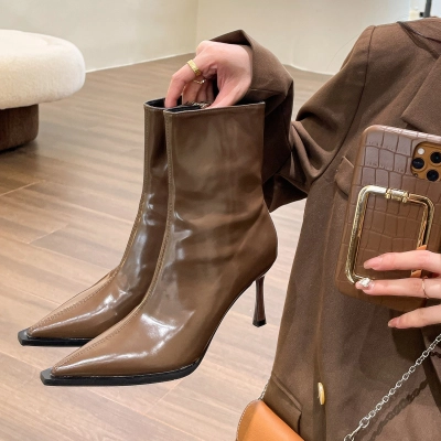 Glossy Pointed‑Toe Stretchy Stiletto Ankle Boots 01