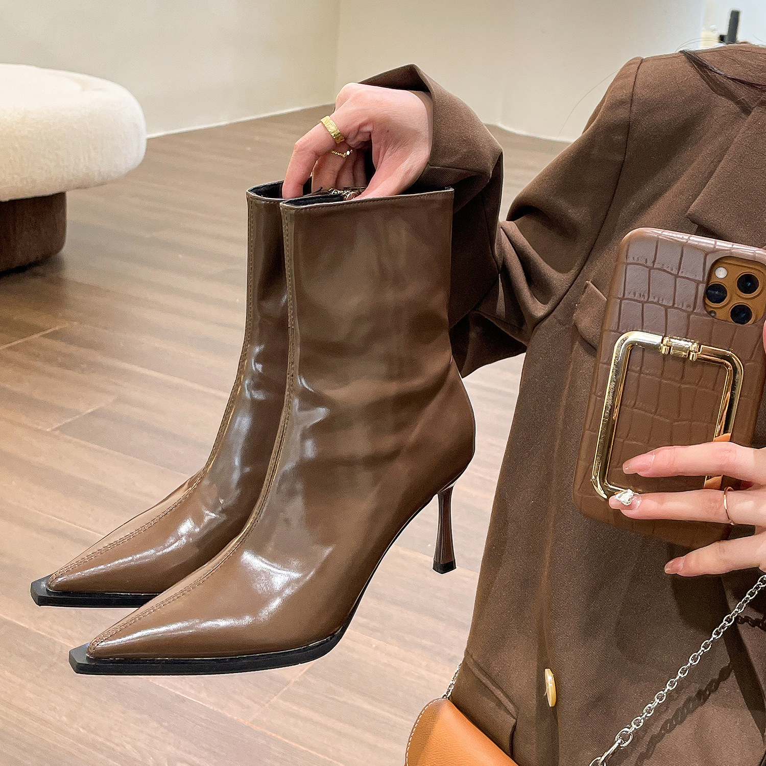 Glossy Pointed‑Toe Stretchy Stiletto Ankle Boots