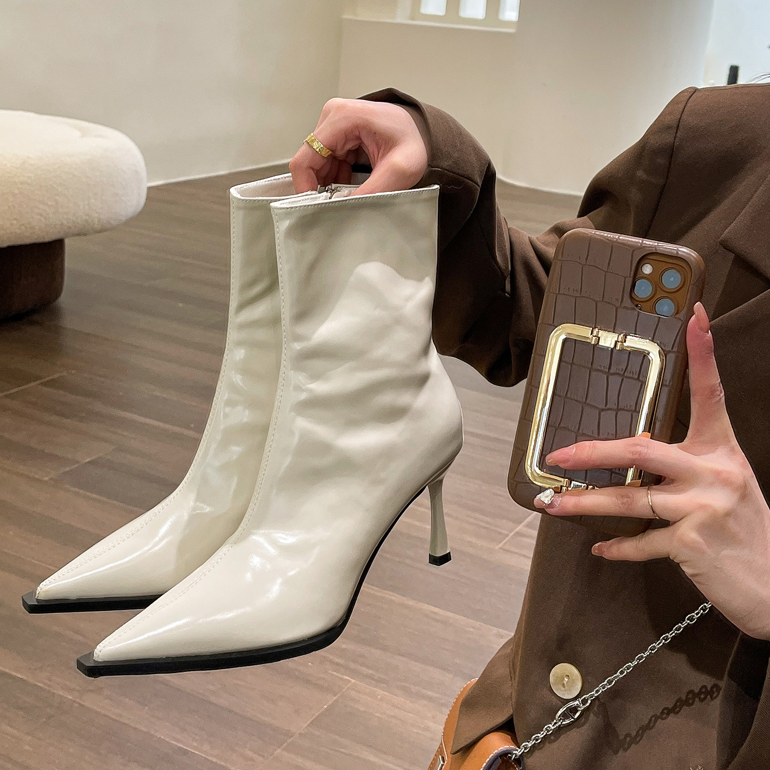 Glossy Pointed‑Toe Stretchy Stiletto Ankle Boots