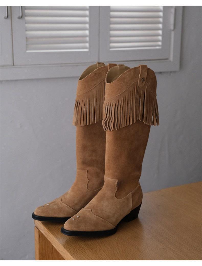 Vintage Fringe Western‑Style Knee‑High Boots